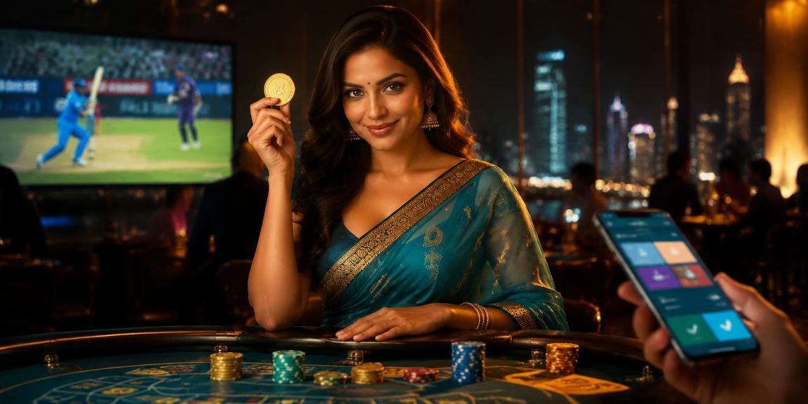 Indian woman celebrating cricket win in traditional saree near a cricket ground
