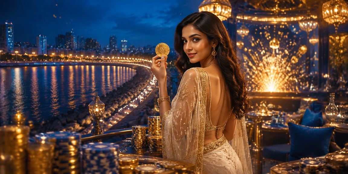 Woman using mobile phone at Mumbai Marine Drive enjoying online casino entertainment at night